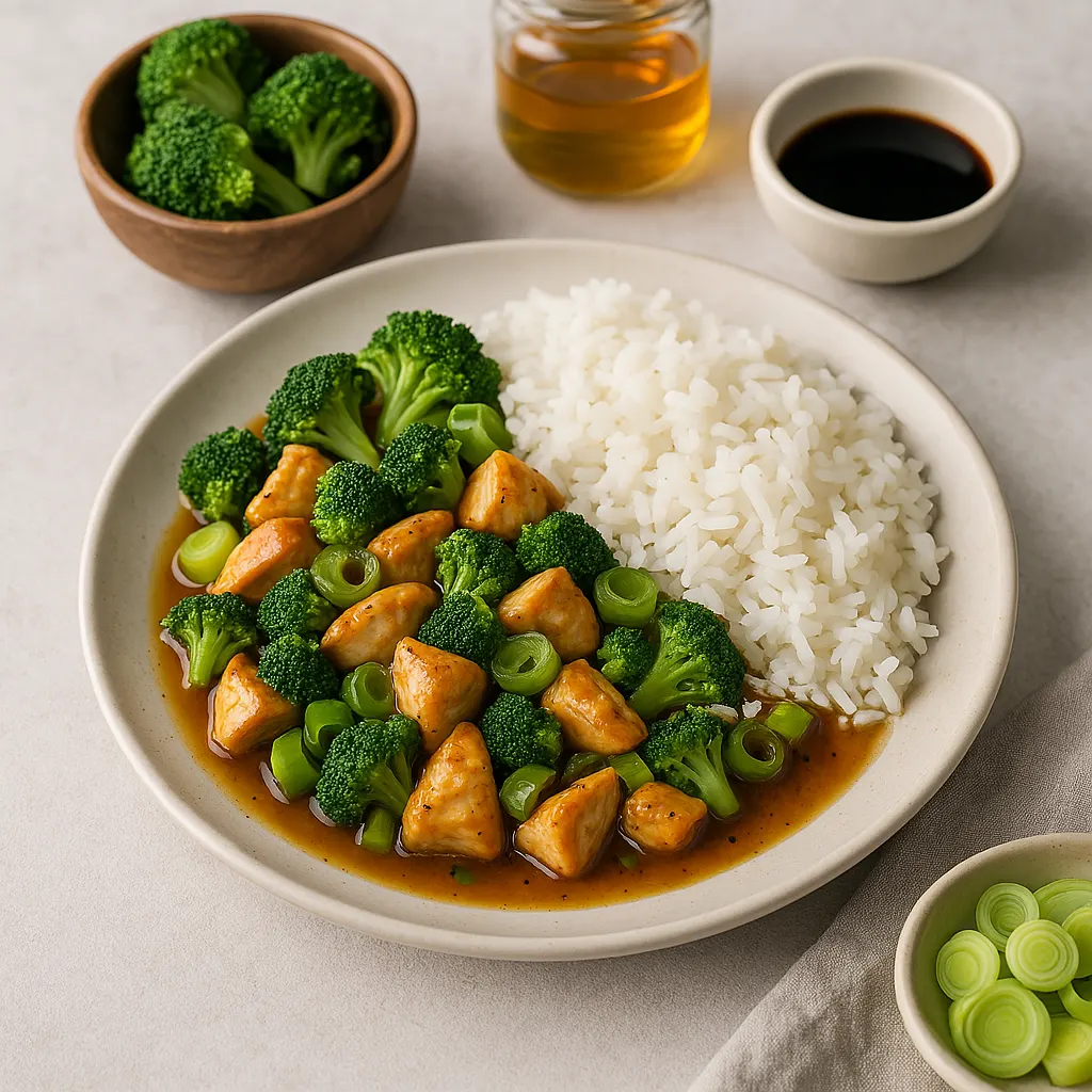 Honey and soy chicken with broccoli and rice