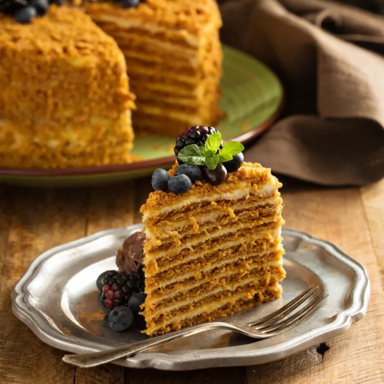 Slice of layered honey cake topped with blackberries