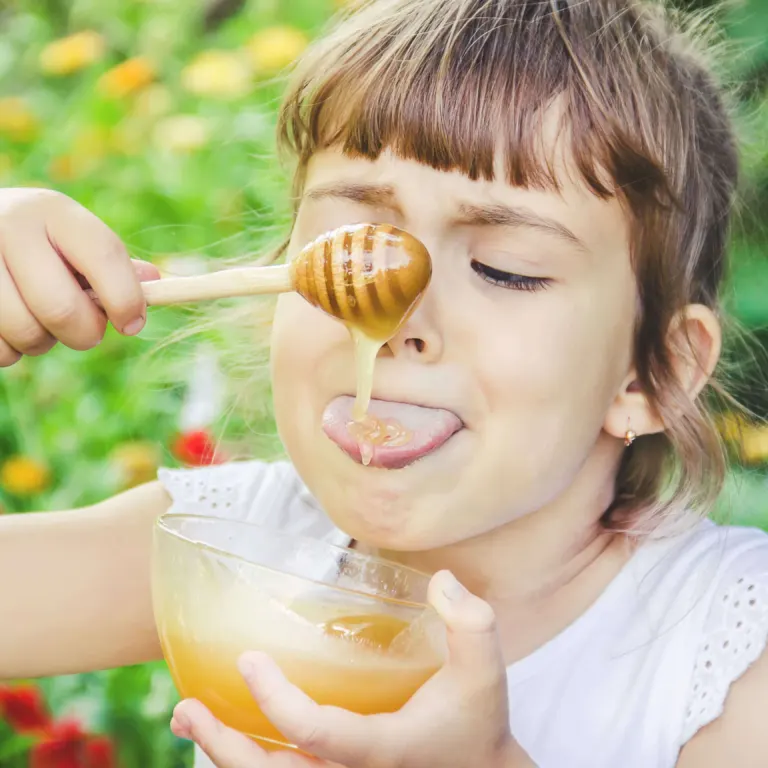Little girl tasting honey from a honey dipper