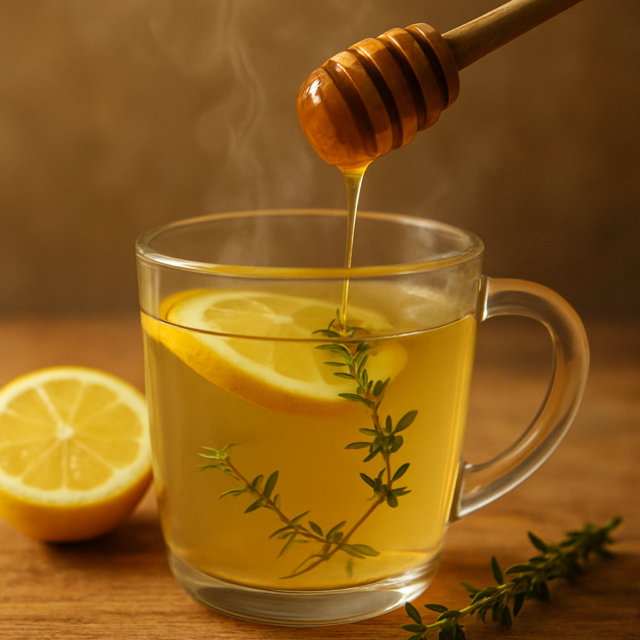 Infusion chaude au miel de thym versé à la cuillère en bois dans une tasse en verre avec rondelle de citron et brins de thym frais, sur table en bois.