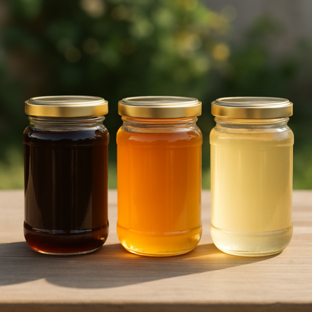 Trois pots de miel alignés sur une table en bois : miel très foncé type châtaignier ou sapin, miel ambré doré type thym et miel très clair et liquide type acacia, illustrant leurs différences de couleur.