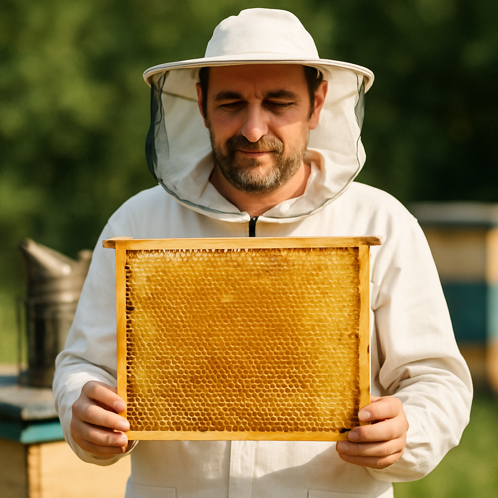 Apiculteur avec cadre de cire d'abeille - Miellerie de Provence