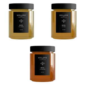 Coffret découverte : miel de lavande, miel de thym et miel de garrigue, 3 pots de 300 g