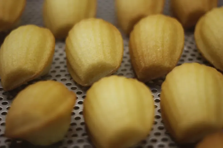 Golden, domed honey madeleines lined up on a perforated baking tray