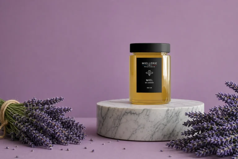 A jar of Miellerie de Provence lavender honey on a marble stand, with sprigs of lavender
